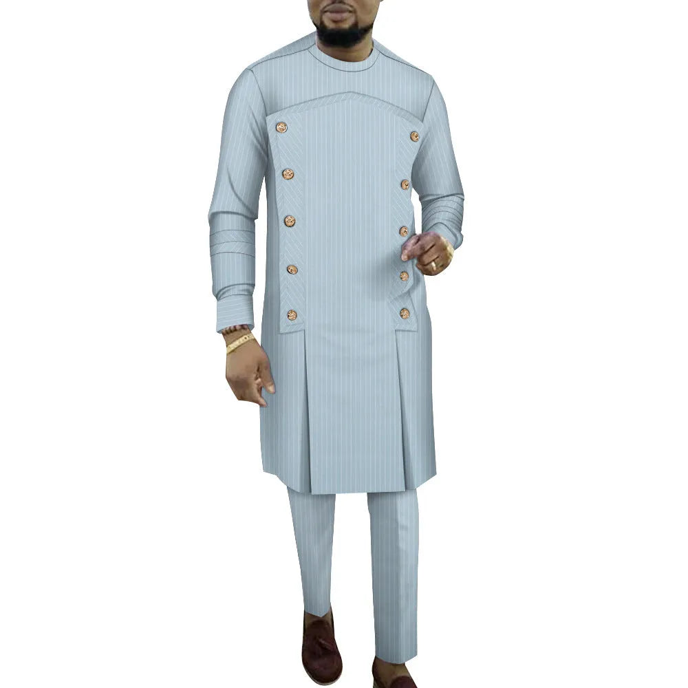 Men's striped cotton African two-piece robe set showing long sleeve top and matching trousers