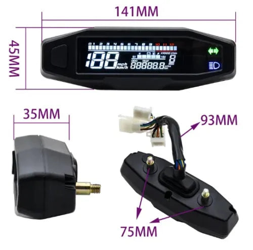 Black motorcycle mini speedometer with LCD display, adjustable oil gauge, and dimensions 141x45mm