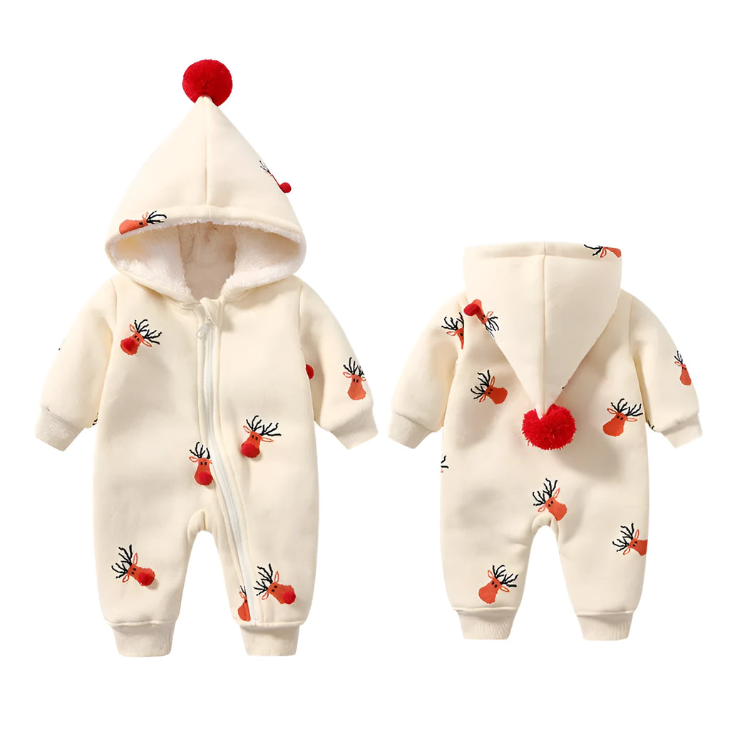 Khaki coloured padded one-piece baby outfit with a Christmas moose design, showing front view.