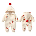Khaki coloured padded one-piece baby outfit with a Christmas moose design, showing front view.