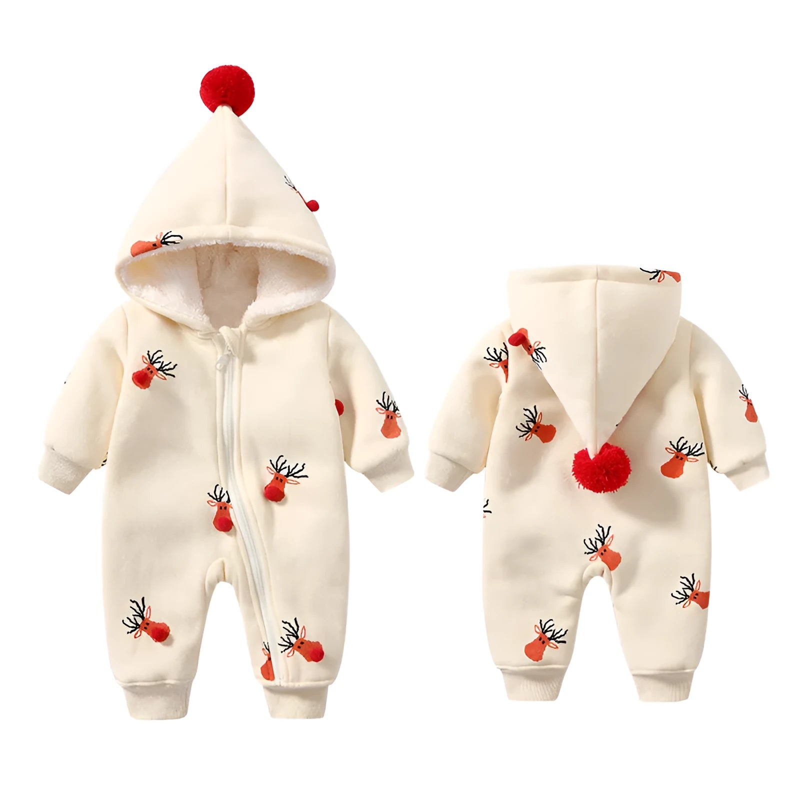 Khaki coloured padded one-piece baby outfit with a Christmas moose design, showing front view.