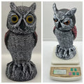 Artificial owl bait ornament with shaking head design for bird deterrent in garden setting