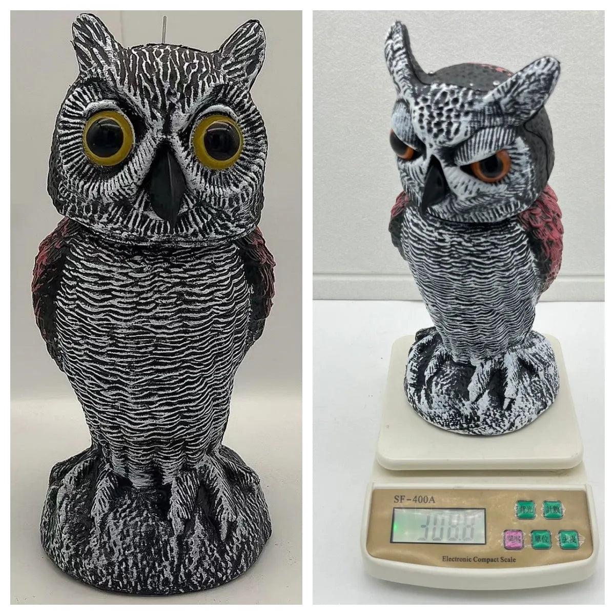 Artificial owl bait ornament with shaking head design for bird deterrent in garden setting