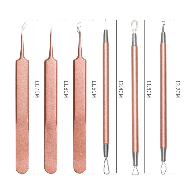 Six stainless steel acne remover tools with rose gold finish for pimple extraction