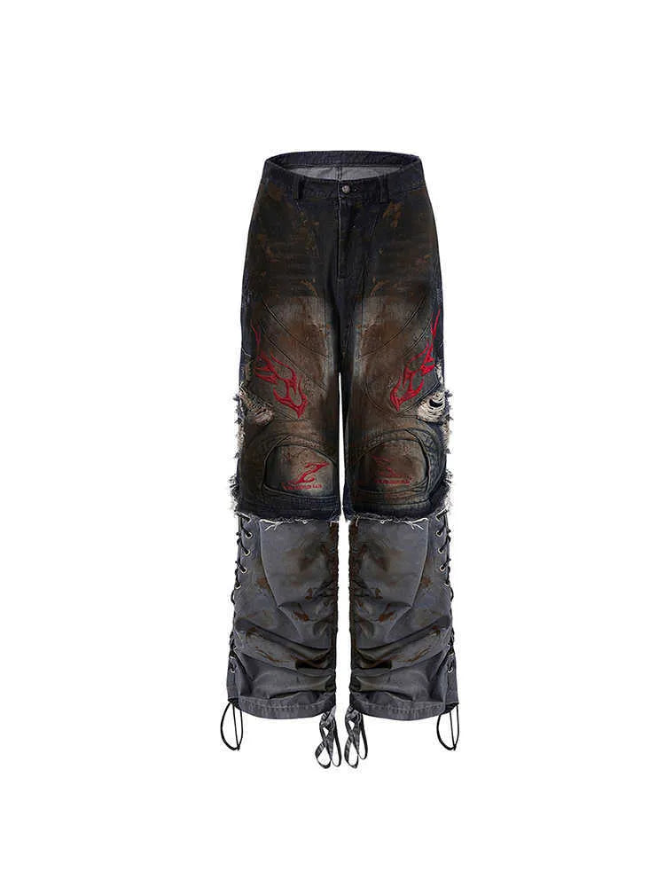 Men's retro wide-leg jeans with detachable trouser legs showing convertible feature and mid-high waist design