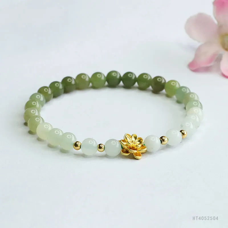 Hand-woven ancient style bracelet with Hetian jade gradient colours and lotus flower pattern