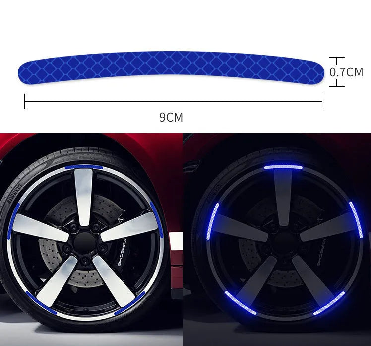 20-piece car wheel reflective stickers in arc shape with 11 colour options including fluorescent and luminous variants on wheel hub