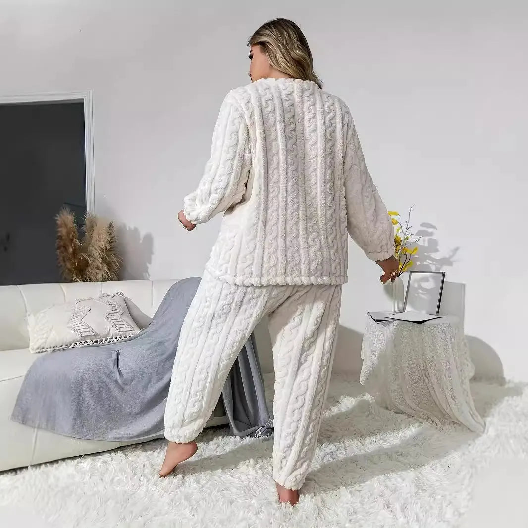 Women's milky white plush two-piece set with crew neck top and full-length pants on hanger
