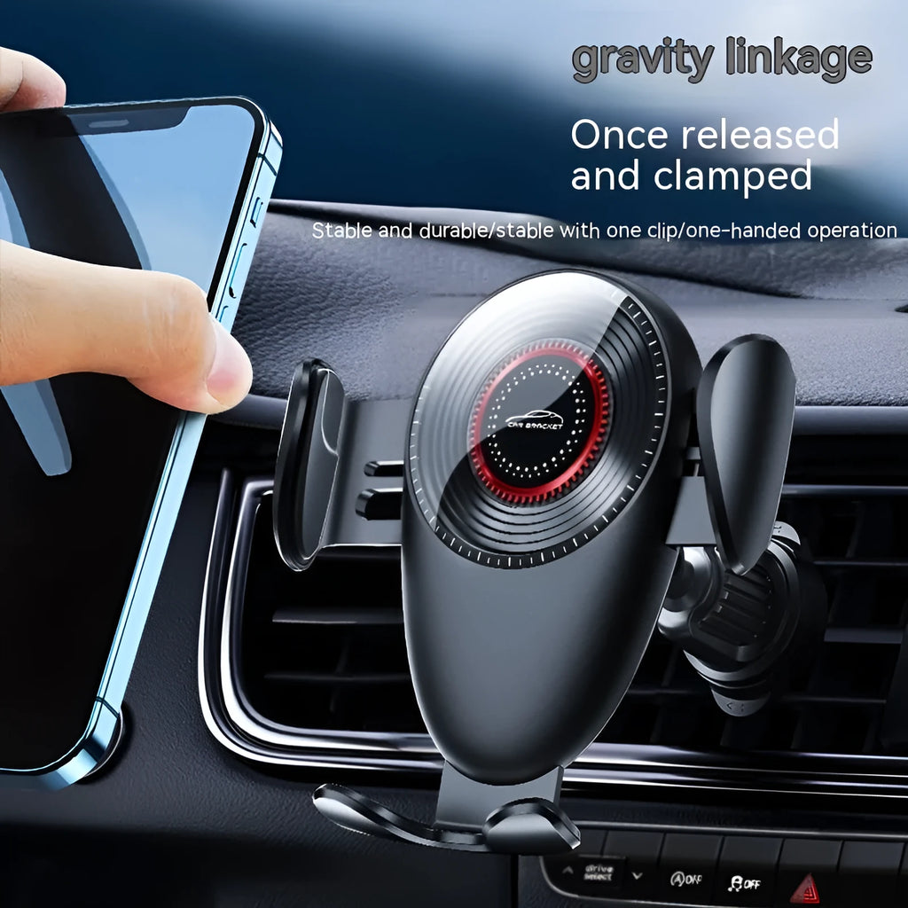 Matte black universal car phone bracket with mechanical support frame mounted on car dashboard