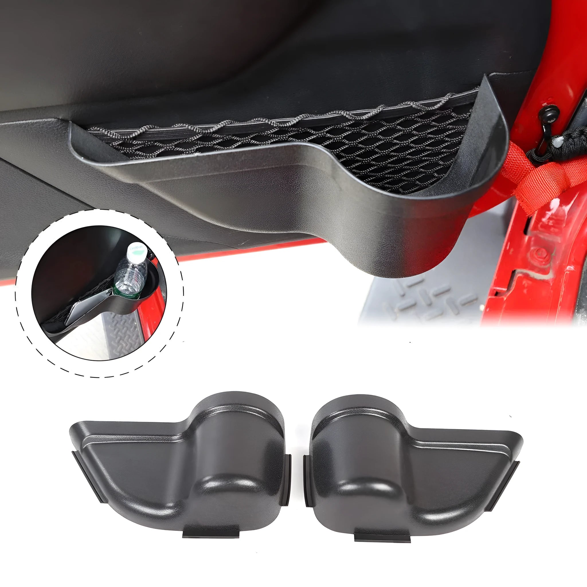 A pair of black aluminium alloy car interior storage boxes with net pockets for organising small items.