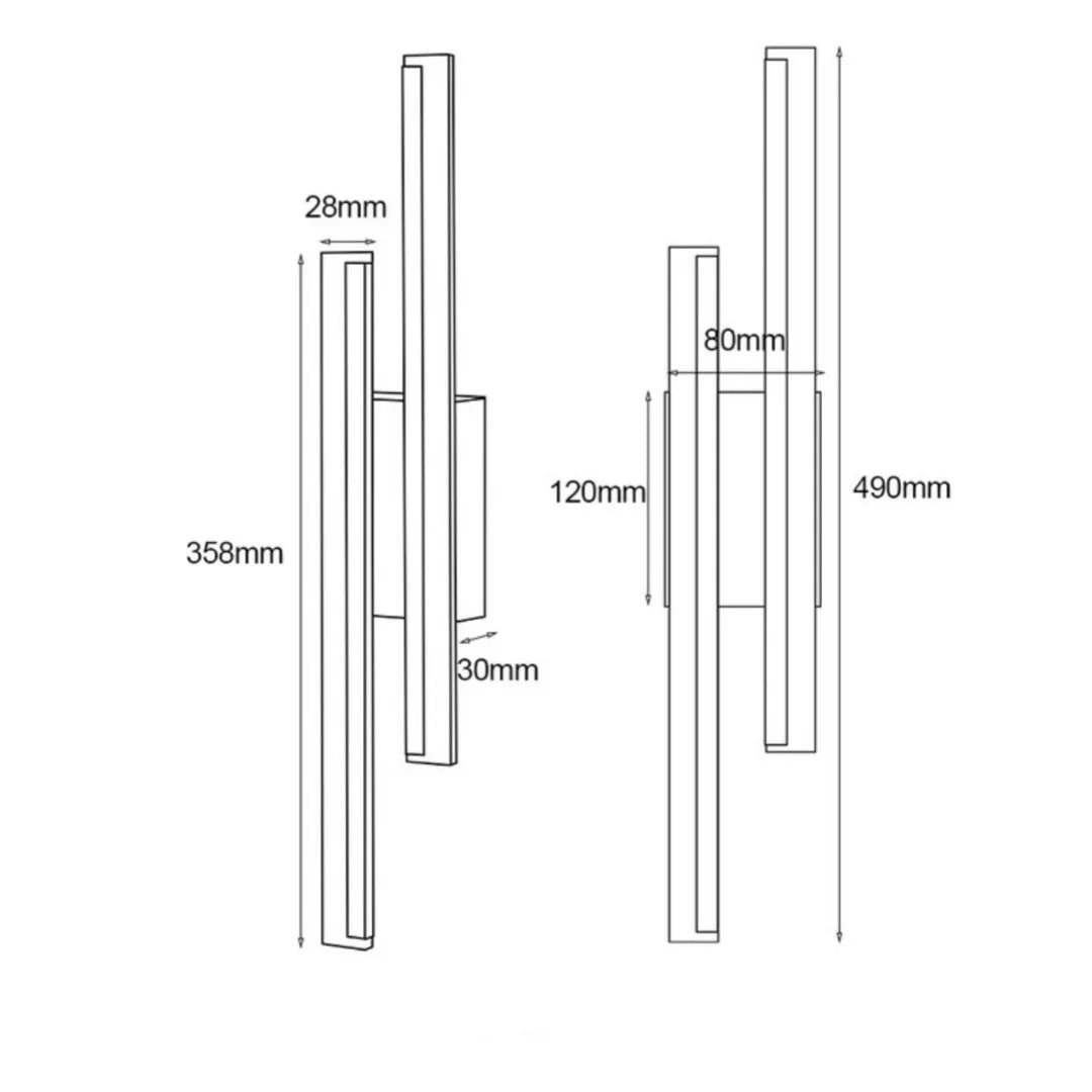Gold-finished double line wall lamp, 500mm long, with modern design on a white wall.