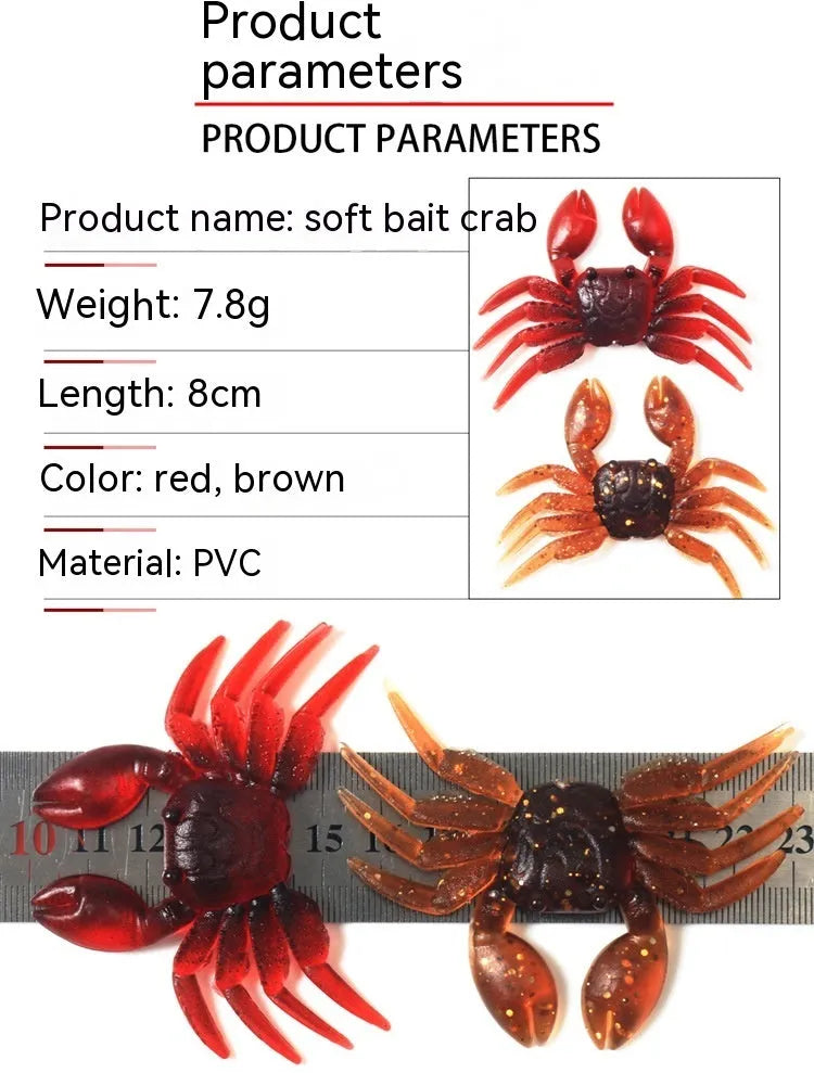 PVC crab fishing soft bait lure in red and brown colours, 8cm size