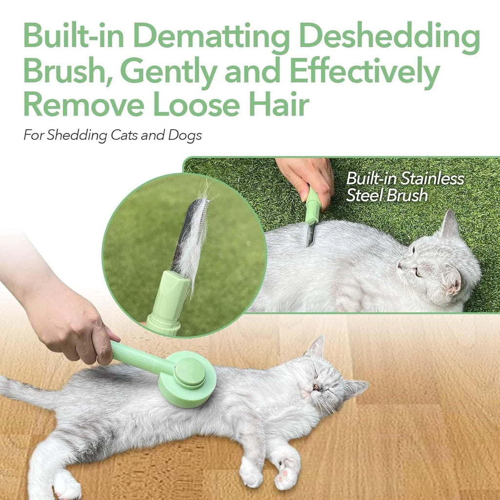 Green and yellow 2-in-1 pet grooming brush with stainless steel brush and hanging design