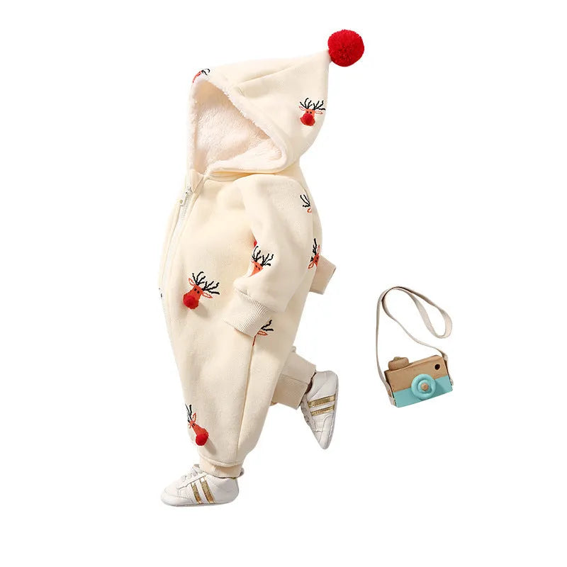 Khaki coloured padded one-piece baby outfit with a Christmas moose design, showing front view.