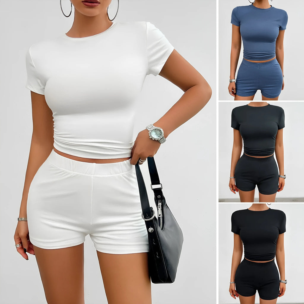 Women's solid colour slim viscose sports set with short sleeve T-shirt and elastic shorts.