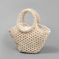 Hand-woven maple wood beach bag with wooden beads in dumpling shape.