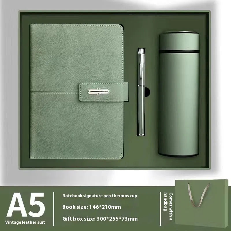 A5 notebook with imitation leather cover in various colours, open to show wood-free paper pages