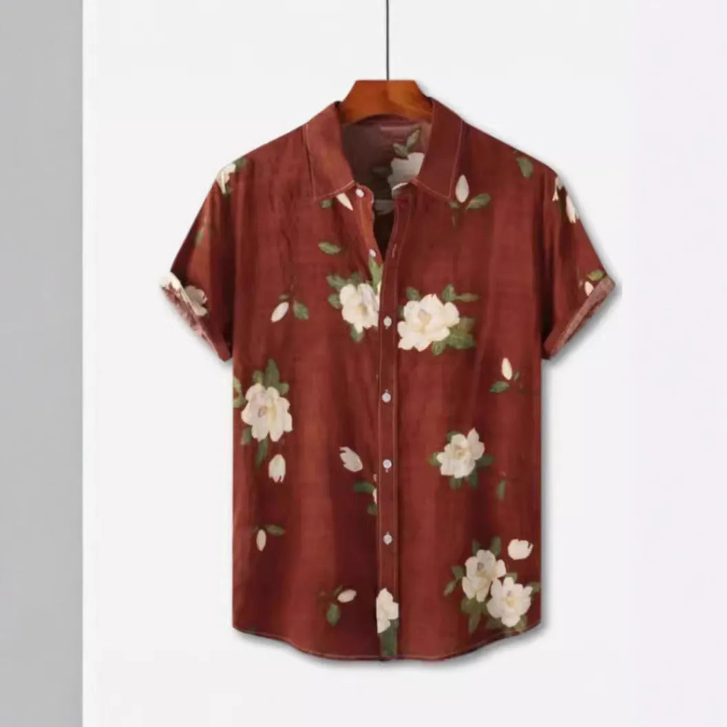 Hawaiian printing lapel short sleeve shirt with floral pattern, elastic fabric, available in multiple colours and sizes for travel wear