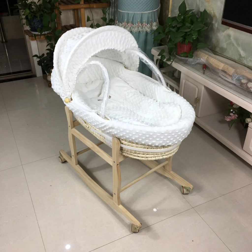 Portable multifunctional cradle bed with mosquito net and mat, in silver or white, with optional pine frame.