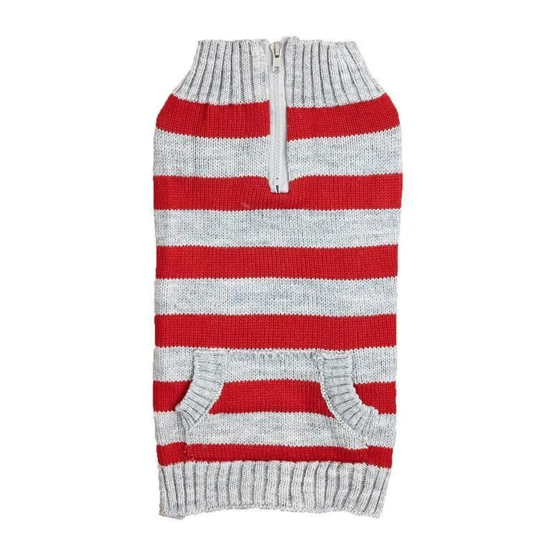 Grey dog sweater with horizontal zipper, button closure, and contrast colour front pockets on a small dog