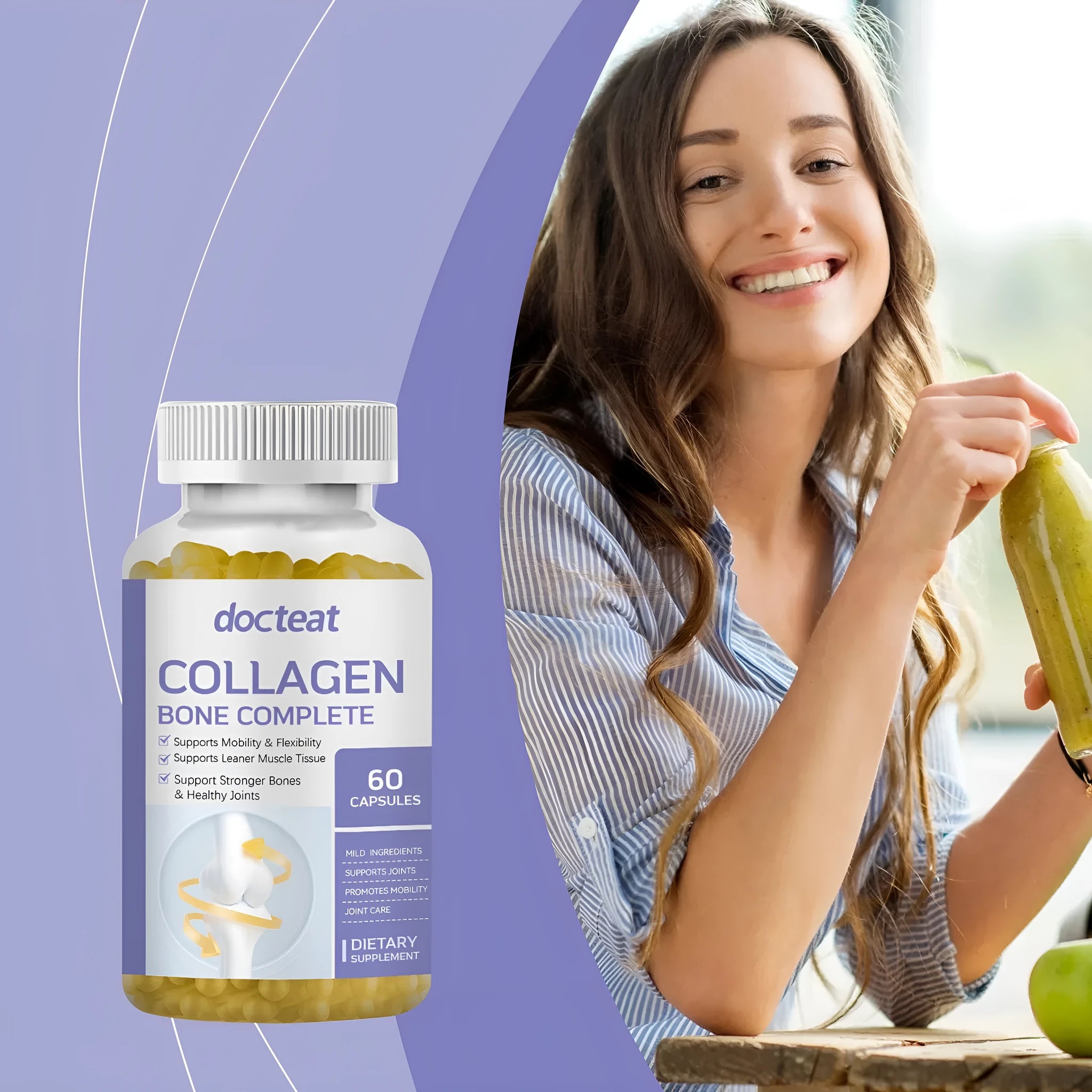 Bottle of 60 marine collagen and multivitamin supplement capsules
