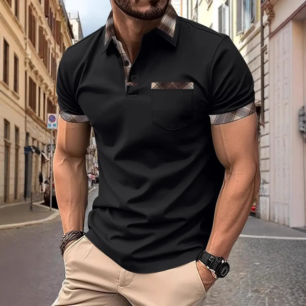 Men's short sleeve plaid colourblock T-shirt with zipper decorations in multiple colour options