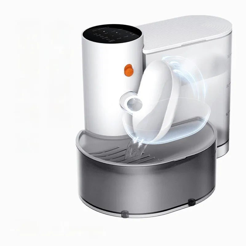White cat water fountain with 3L tank and stainless steel drinking bowl on floor