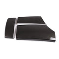 Set of three black ABS armrest box protective covers with carbon fibre pattern, showing buckle installation and 33.5cm length.
