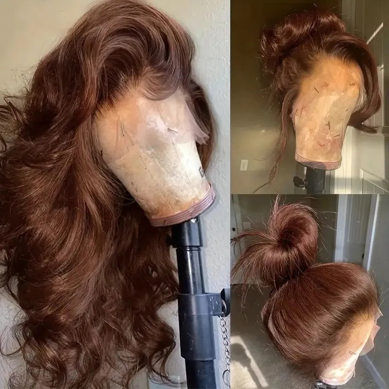 Women's front lace wig with long curly hair and side bangs in LY082 dark brown colour, showing lace front detail
