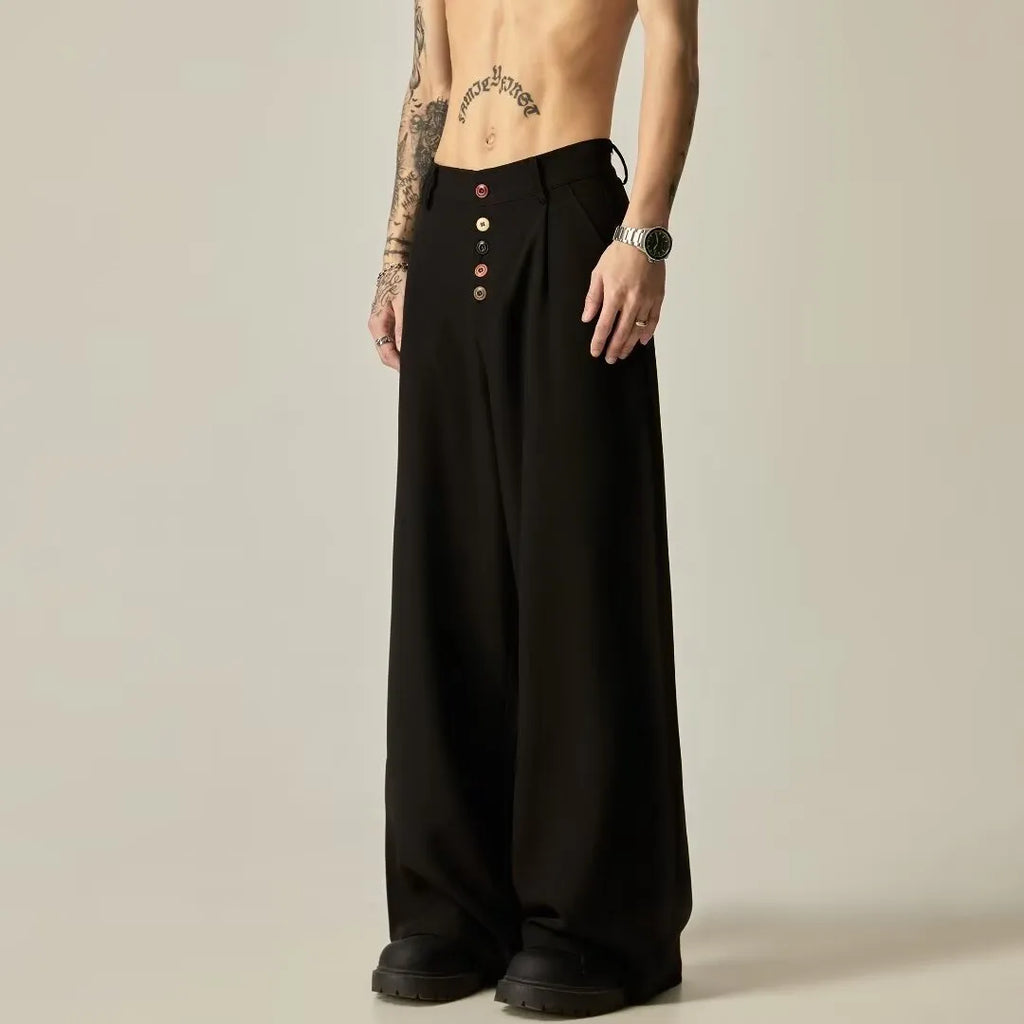 Men's black polyester wide-leg trousers with micro elasticity and straight-leg design for casual daily wear