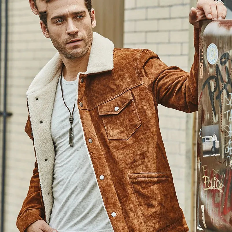 Men's brown pigskin leather jacket with cotton padding, lapel collar, single-breasted front, straight regular fit