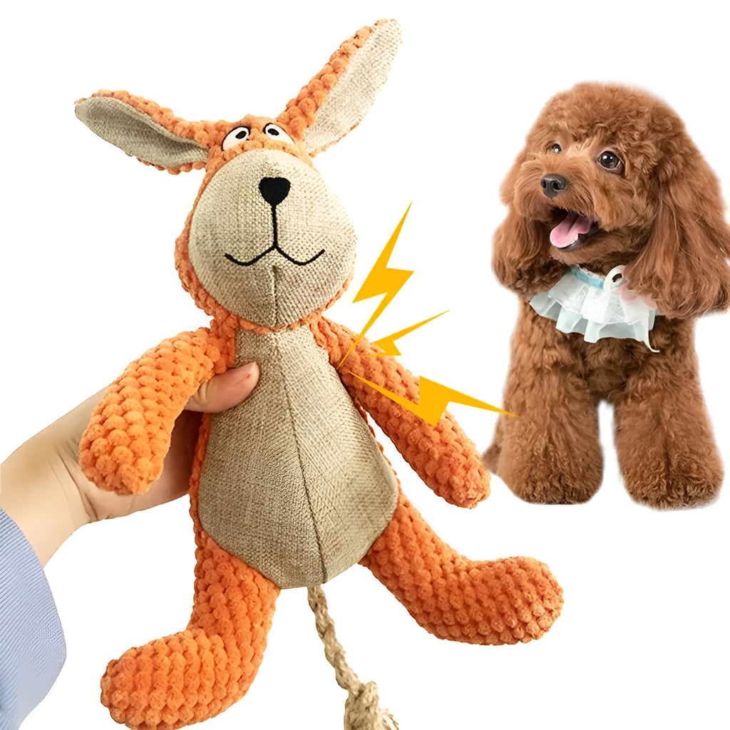 Squeaky plush dog toy in animal shapes for interactive play and teeth cleaning