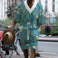 Men's peacock blue 3D printed knitted shorts suit with fifth pants length and T-shirt style jacket