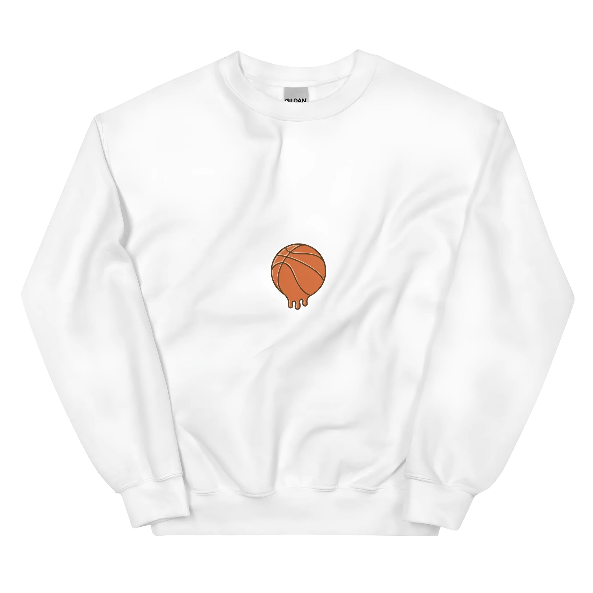 White printed hoodie with side pocket shown on a model, demonstrating its loose fit and fleece fabric.