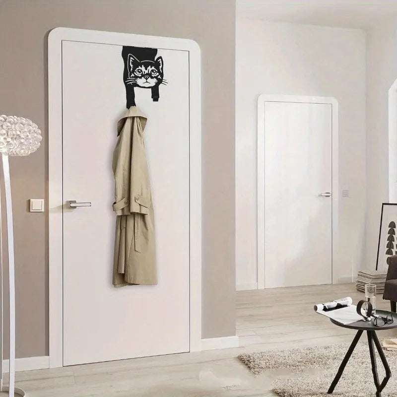 Black iron cat-shaped wall hook with punch-free mounting for doors and walls