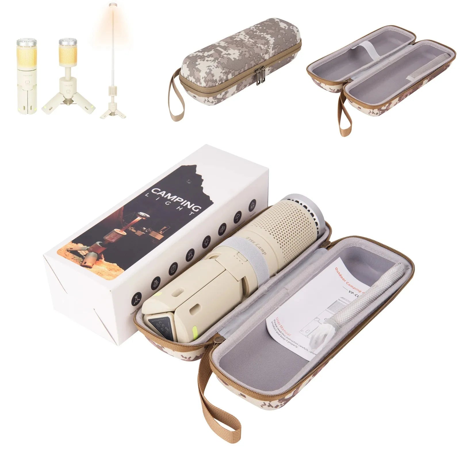 Portable LED camping light in creamy white or dark grey with 360-degree illumination and button switch
