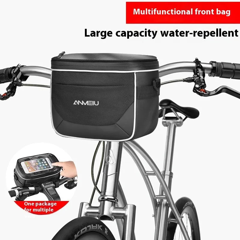 Black 7-inch polyester bicycle handlebar bag with hanging loop for scooter or cycling storage