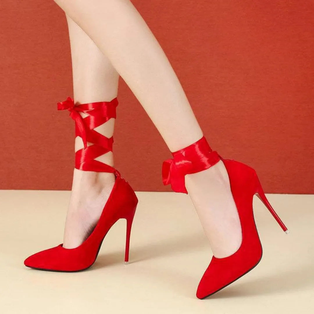 Women's thin shallow mouth strap shoes with pointed toe, available in black or red with 10cm or 12cm heels