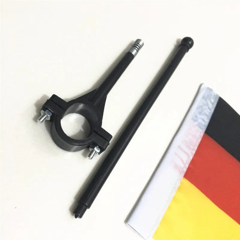 Square polyester cycling flag on plastic pole with adjustable handlebar clamp for bicycles