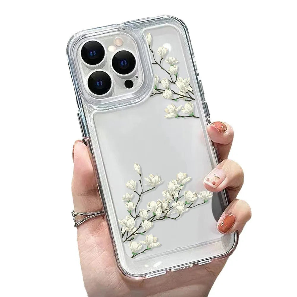 Transparent silicone iPhone case with carved antique flower pattern, shockproof and anti-fall, four colour options.