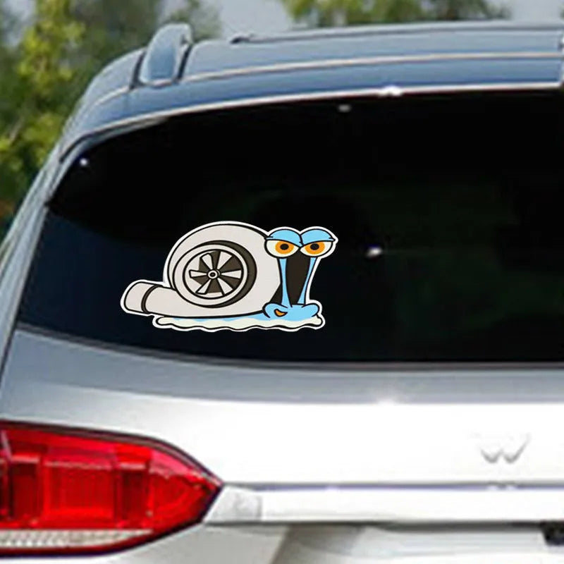 White reflective car sticker with cartoon snail design measuring 12x8cm for bumper application