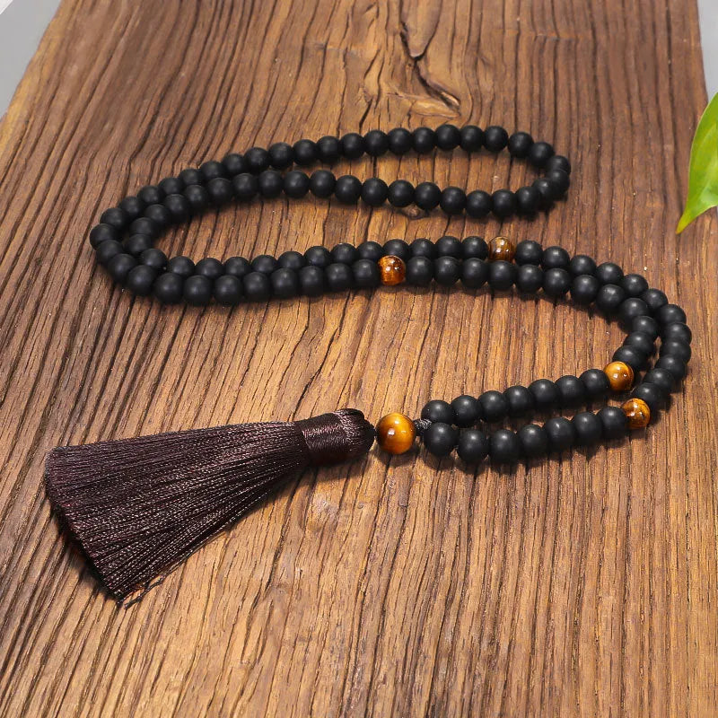 Tigereye stone beaded necklace and bracelet set with tassel pendant on adjustable cord