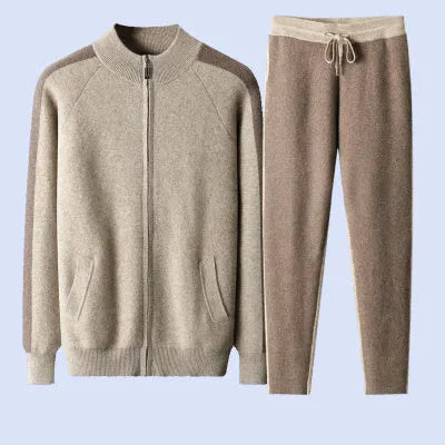 Men's cashmere wool blend half turtleneck zipper cardigan suit with trousers in winter colours