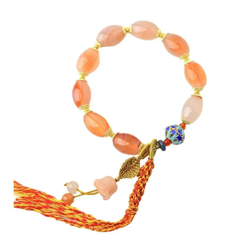 Handmade agate Tibetan bracelet with geometric flower patterns and lily elements in vintage ethnic style