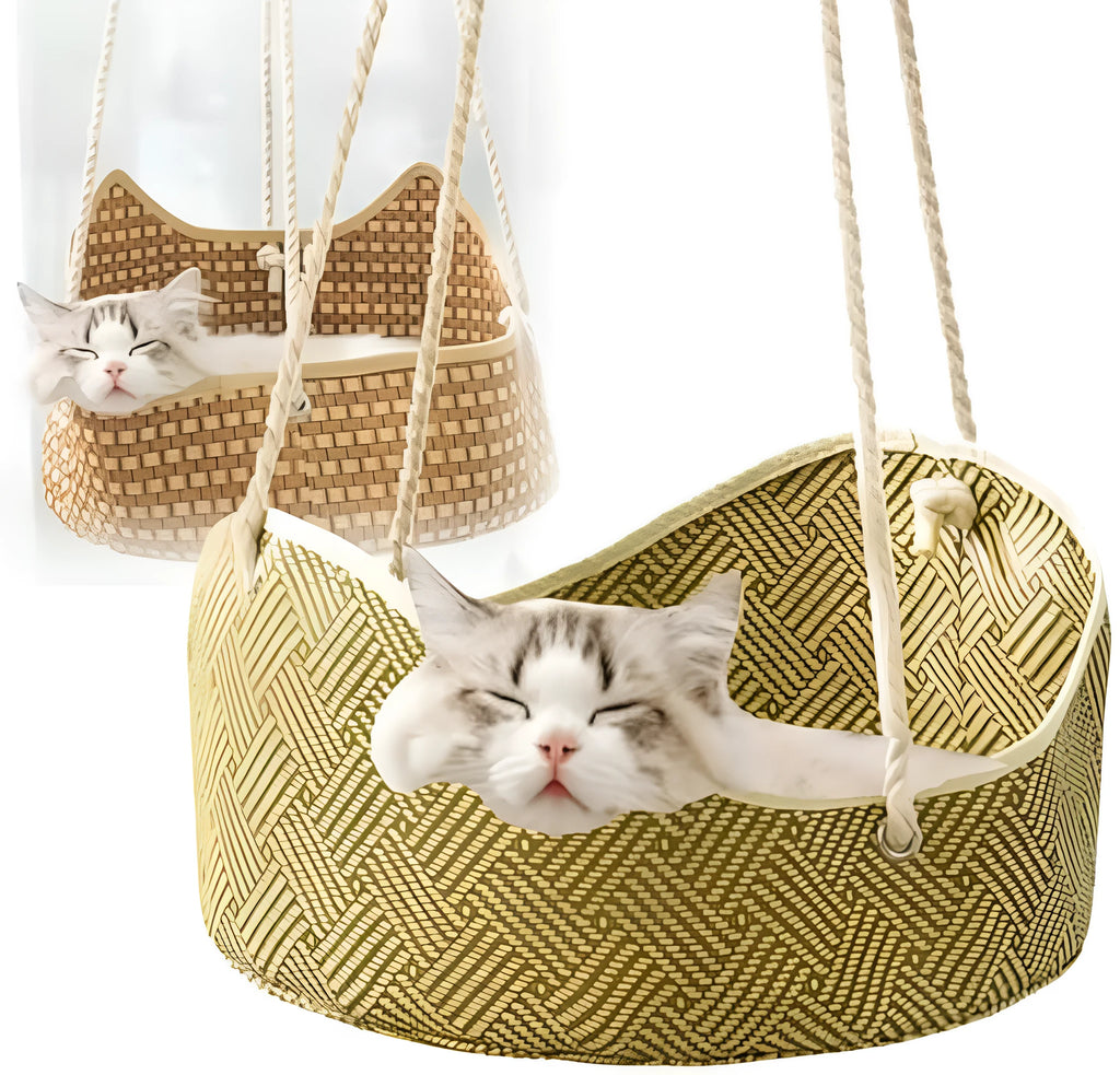 Green rattan cat hammock with metal hooks, shown hanging in a cage.