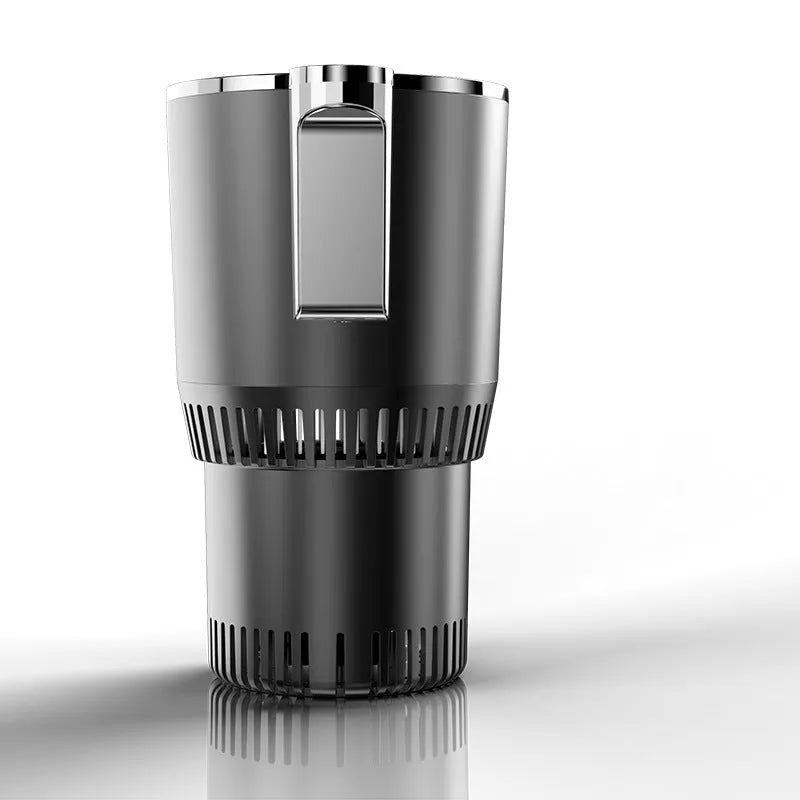 Black car cup holder drink warmer and cooler with digital temperature display showing heating function