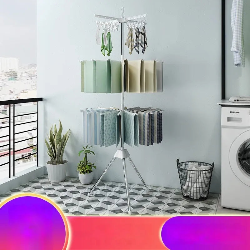 Three-layer stainless steel drying rack with plastic clips and mobile base for socks and ties