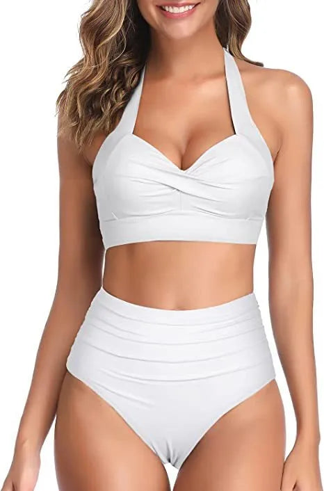 Women's black split bow bikini swimwear with adjustable ties on a mannequin.