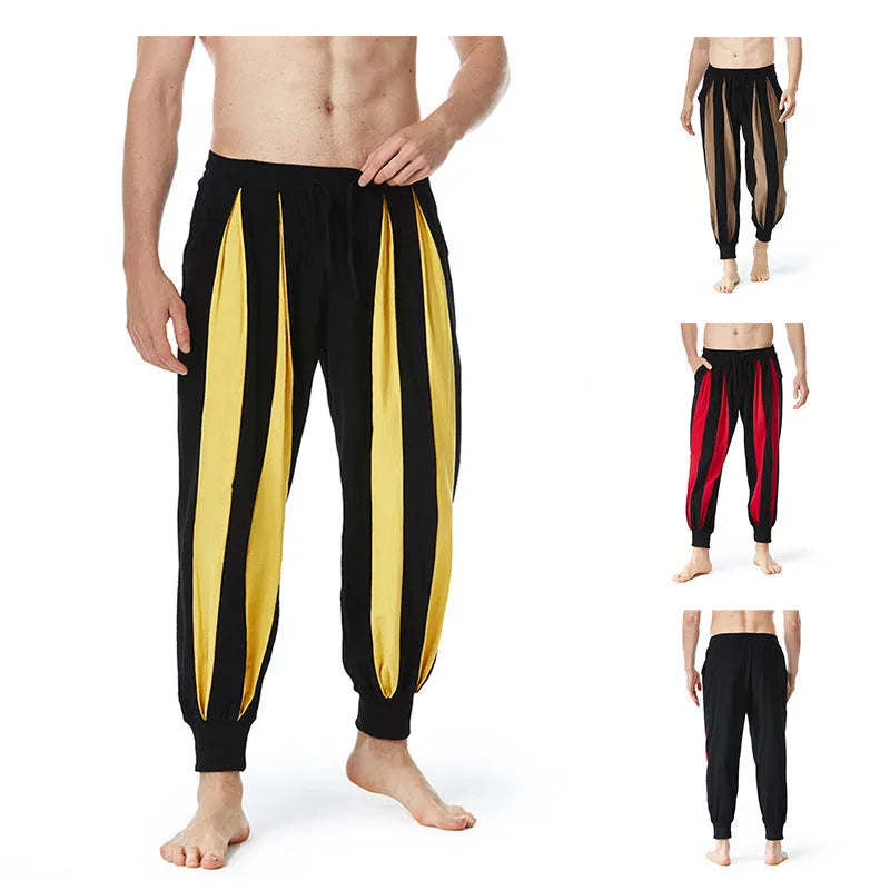 Men's straight-leg casual trousers in red, khaki, yellow, and brown colours