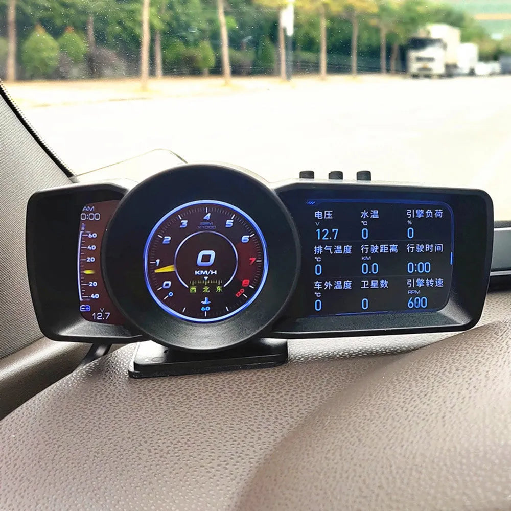 Monitor Driving Computer A600 with 480x320 TFT screen on vehicle dashboard, showing OBDII connection and multilingual display options.